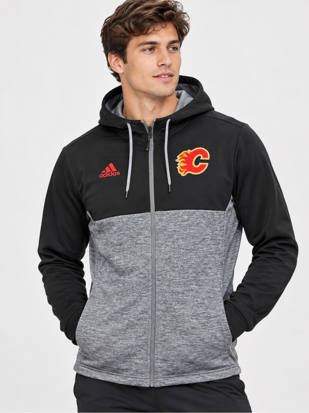 🔥 Adidas NHL Calgary Flames Full Zip Hoodie Men’s Small Black Grey Hockey Jacket